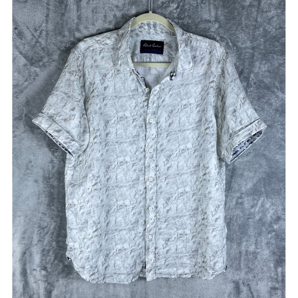 Robert Graham Shirt Mens XL White Grey VGUC Linen Cotton Marble Short Sleeve
